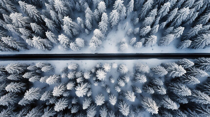 Foto cenital de un carretera en medio de un bosque rodeado de pinos helados en un día de invierno. - obrazy, fototapety, plakaty