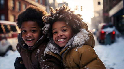 Dos niños afroamericanos abrigados y sonriendo en una calle nevada en un día soleado de invierno. - obrazy, fototapety, plakaty
