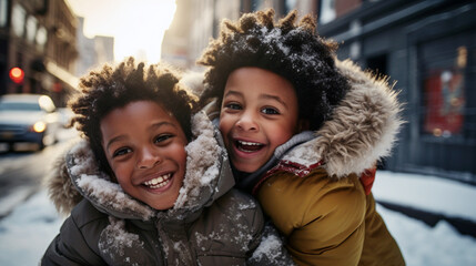 Dos niños afroamericanos de pie y sonriendo abrigados en una calle nevada en un día de invierno. - obrazy, fototapety, plakaty