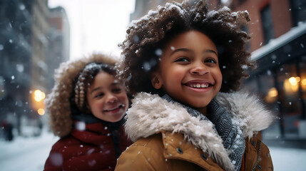 Dos niñas afroamericanas sonriendo con nieve en el pelo en un día nevado en una calle de la ciudad - obrazy, fototapety, plakaty