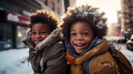 Dos niños afroamericanos con pelo voluminoso y abrigados, sonriendo en un día soleado de invierno con nieve en la calle, caminando hacia el colegio.