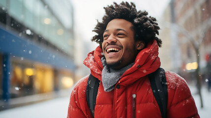 Hombre afroamericano sonriendo de pie con un abrigo rojo y mochila en medio de una calle de la ciudad en un día que esta nevando.