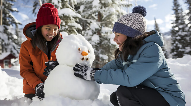 Dos niñas agachadas y abrigadas  jugando con un muñeco de nieve en un día soleado de invierno.