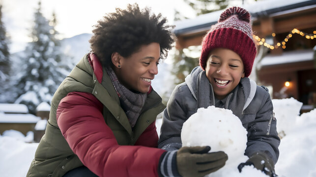 Madre e hijo afroamericanos abrigados jugando con una bola de nieve un día nevado de invierno en la ciudad.