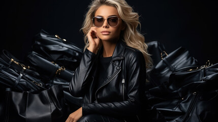 Fototapeta na wymiar beautiful stylish young rich woman in black clothes on a dark shiny background, shopping, glamor, luxury, portrait, girl, face, smile, sale, beauty, outfit, lifestyle, wealth, elite, space for text