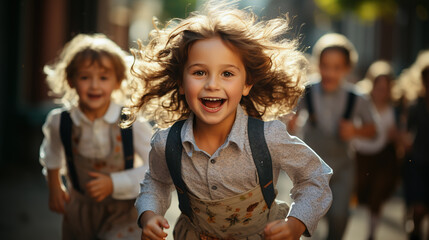 Front view of happy diverse school kids running in corridor at school. Cheerful team child girls and boys run at school. Generative Ai.