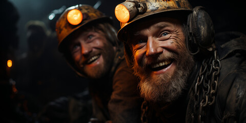 Obraz premium Two male miners rejoice in the mine, hard work brings pleasure, enjoying the results of labor, a mining mine in the background