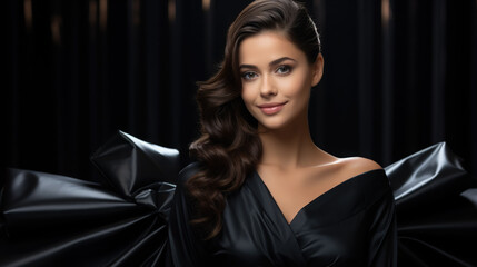 Obraz na płótnie Canvas beautiful stylish young rich woman in black clothes on a dark shiny background, shopping, glamor, luxury, portrait, girl, face, smile, sale, beauty, outfit, lifestyle, wealth, elite, space for text