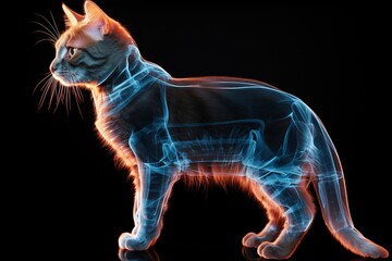 Ginger cat with blue x-ray glow on a black background. X-ray of a cat. Generated by artificial intelligence