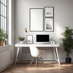 blank white, A modern desk is used to hang a mockup of an art print frame