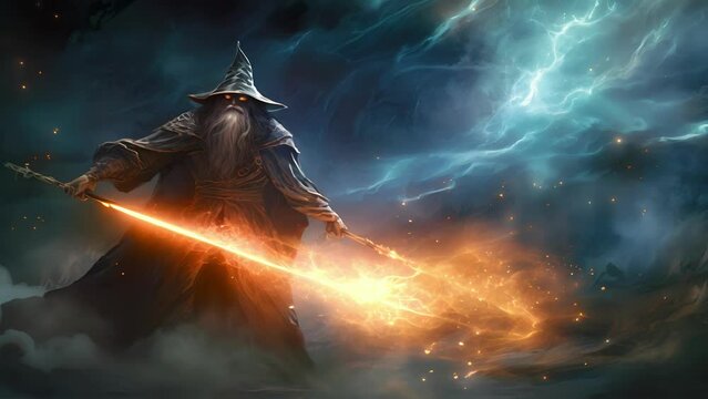 The air is still and silent filled with an ominous sense of dread. Against a darkened sky a wizard levitates before a raging fire wielding a smoldering scepter. Kneeling before him