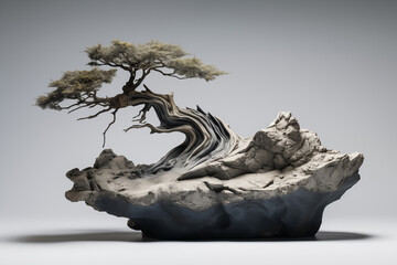 Bonsai on hard abstact rock. Bonsai grows on abstract rock form. Isolated, studio photography.