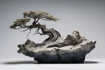 Poster Bonsai on hard abstact rock. Bonsai grows on abstract rock form. Isolated, studio photography. © Noize