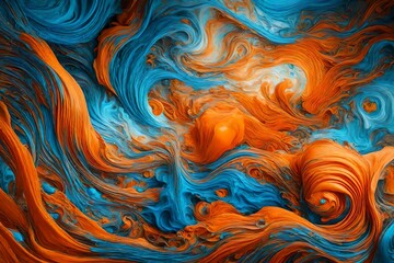 Liquid tangerine and radiant cerulean in an ethereal abstract composition.