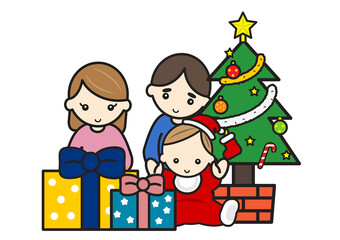 赤ちゃんとクリスマスを過ごす若いパパとママ