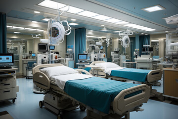 Interior of a modern operating room with beds and resuscitation and control monitors. ia generated