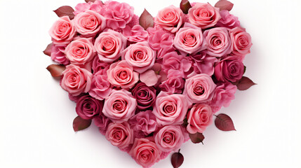 Pink roses in the shape of a heart on a white background