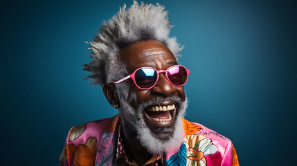 Portrait of an elegant African-American man wearing sunglasses. blue background. ia generative