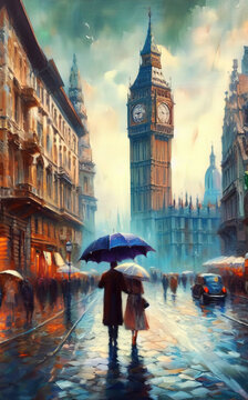 Streets of London during the rain, oil painting with Big Ben in the background.
