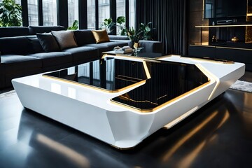 A futuristic white coffee table with built-in technology, set in a sleek black and gold-themed living room.