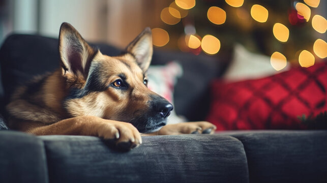 Copy Space, Stockphoto, Copy Space, Stockphoto, Cute German Shepherd Dog Sleeping On The Sofa In A Exquisit Cozy Christmas Decorated Living Room.  Christmas Decoration. Background For Greeting Card, I