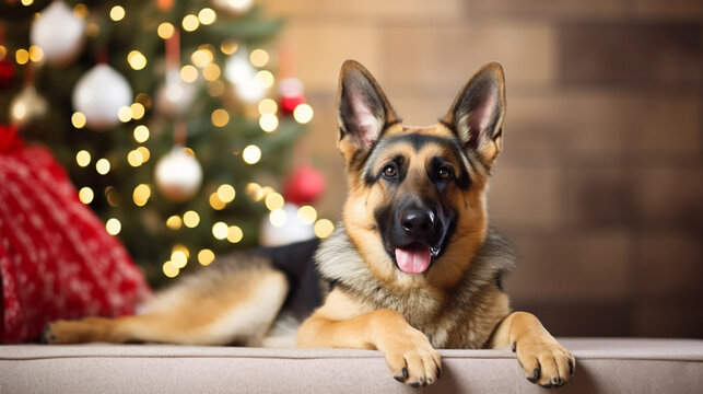 Copy Space, Stockphoto, Copy Space, Stockphoto, Cute German Shepherd Dog Sleeping On The Sofa In A Exquisit Cozy Christmas Decorated Living Room.  Christmas Decoration. Background For Greeting Card, I