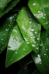 Aesthetic photograph of tropical leaves covered in water and water droplets
