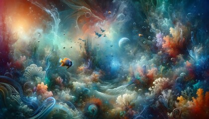Naklejka na ściany i meble Abstract background featuring an underwater theme with vibrant marine life, coral reefs, and a sense of tranquility and mystery beneath the ocean's su
