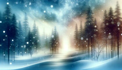 Fototapeta na wymiar Abstract background with a theme of a serene winter landscape, showcasing a snow-covered forest, gentle snowfall, and a peaceful, calm atmosphere