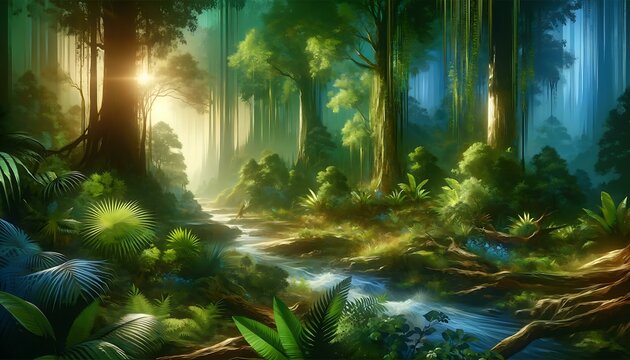 Abstract background depicting a lush rainforest with dense foliage, vibrant greenery, and a sense of natural beauty and wilderness