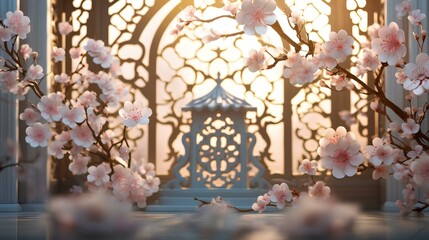 an intricate Chinese-style lattice window backdrop with blooming cherry blossoms outside. generative AI