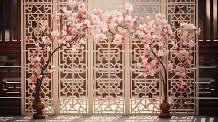 an intricate Chinese-style lattice window backdrop with blooming cherry blossoms outside. generative AI