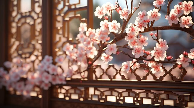an intricate Chinese-style lattice window backdrop with blooming cherry blossoms outside. generative AI