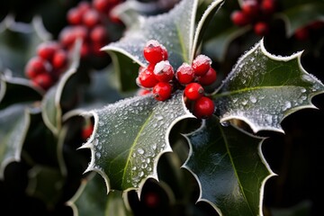 Common Holly bush with spiky leaves and red berries, covered in winter frost, a traditional Christmas decorative plant