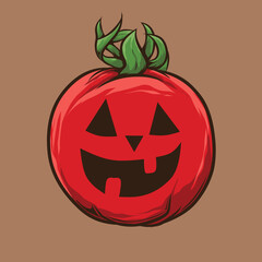 halloween tomatoes set with scary faces and green leaves