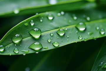 A close up image of lush green plant leaves adorned with fresh water droplets set against a dark backdrop. Generative AI.
