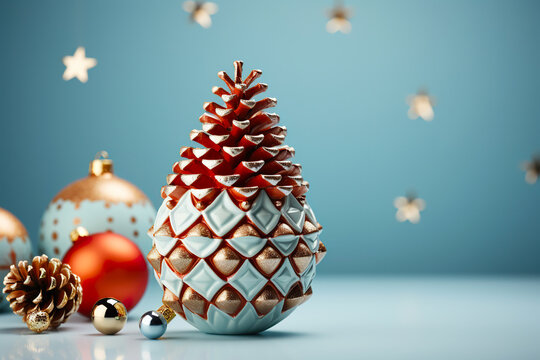 Pine cone depicted as a Christmas tree with antique decorations, in the style of minimalist design, inspired by Russian fairy tales, winter snow and snowflakes, the concept of Christmas and New Year's
