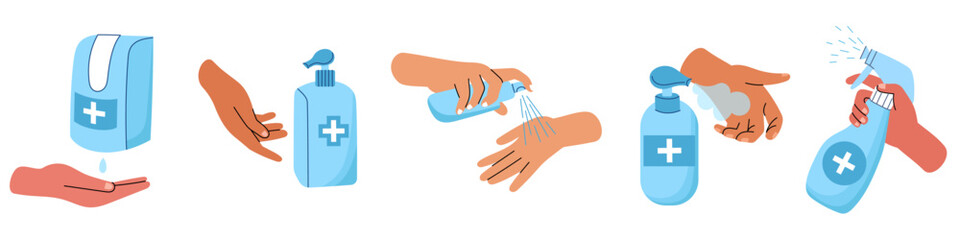 Hands disinfection process. Human arms hold sprays, bottles, containers with antibacterial liquids and gels, vector sanitization concept