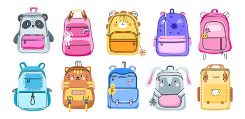 Students colorful backpacks. school kids bright bags with straps for different educational accessories, funny college elements, vector set