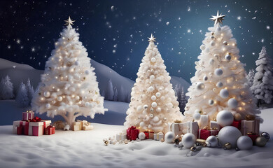 Fototapeta na wymiar Beautiful Christmas tree with stars balls gifts and white snow.