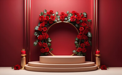 A modern podium with red rose background.