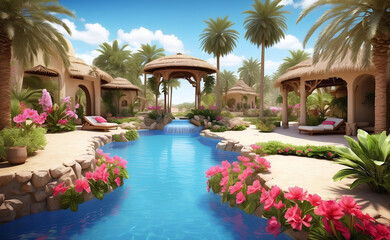 A beautiful resort with a pool and tropical plants in dessert.