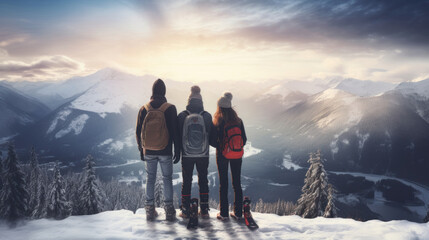 A family of skiers looks at the snow-capped mountains at a ski resort, during vacation and winter holidays. - obrazy, fototapety, plakaty