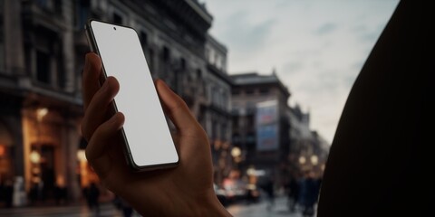 CU Caucasian male using his phone in the street, evening, blank screen mockup