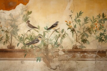 Ancient wall fresco masterpiece with birds on plants. Old damaged mural artwork with birds on branches. Generate ai - obrazy, fototapety, plakaty