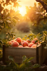Peaches harvested in a wooden box with orchard and sunset in the background. Natural organic fruit abundance. Agriculture, healthy and natural food concept. Vertical composition.