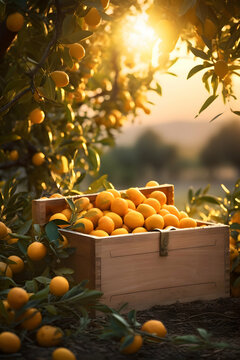 Kumquats harvested in a wooden box with orchard and sunshine in the background. Natural organic fruit abundance. Agriculture, healthy and natural food concept. Vertical composition.