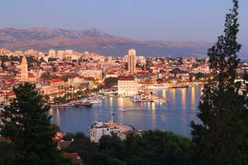 Panorama of embankment in  downtown in evening time in Split, Dalmatia, Croatia