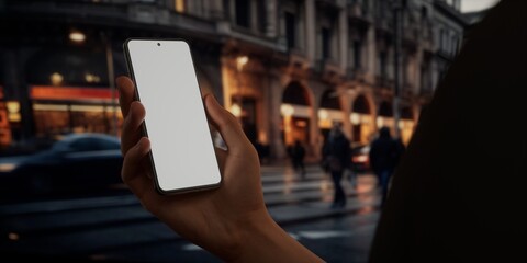 CU Caucasian male using his phone in the street, evening, blank screen mockup