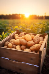 Potatoes harvested in a wooden box with field and sunset in the background. Natural organic fruit abundance. Agriculture, healthy and natural food concept. Vertical composition.